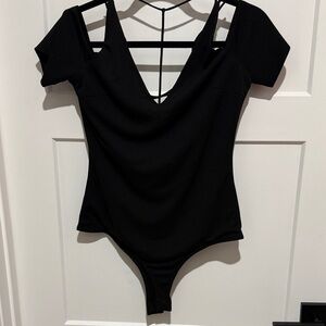 Black Cold-Shoulder Thong Bodysuit Cutout Back